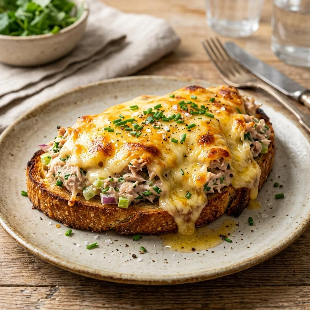 Delicious tuna melts on golden toasted bread with melted cheese
