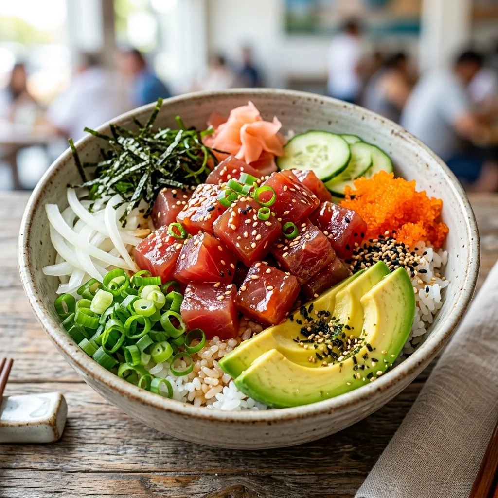 Fresh Tuna Poke Bowl with vibrant vegetables and sauces