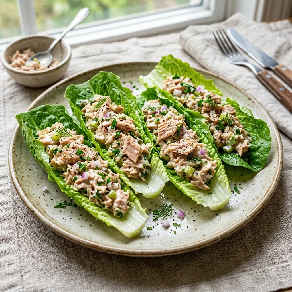 Healthy tuna salad lettuce boats with flavorful tuna filling