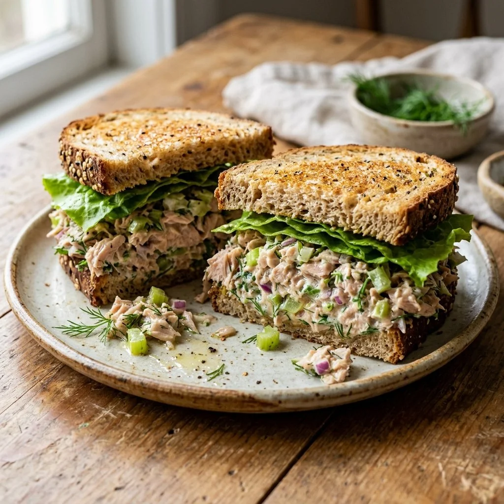 Delicious homemade tuna salad sandwich with lettuce and tomatoes