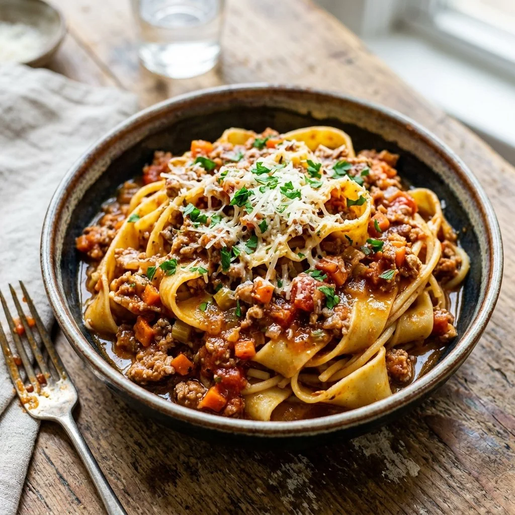 Delicious Turkey Bolognese served over pasta with fresh herbs and Parmesan cheese.