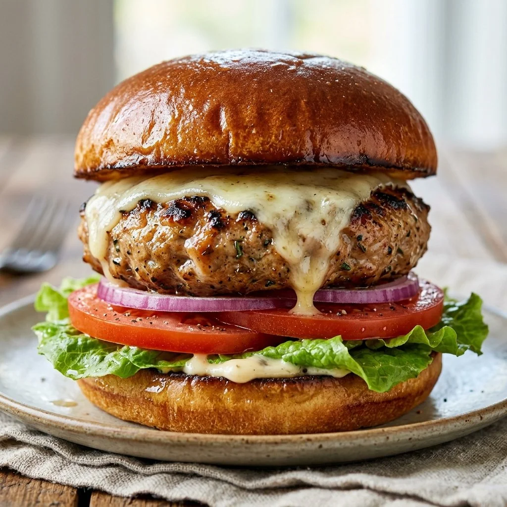 Juicy turkey burger served with fresh lettuce and tomatoes
