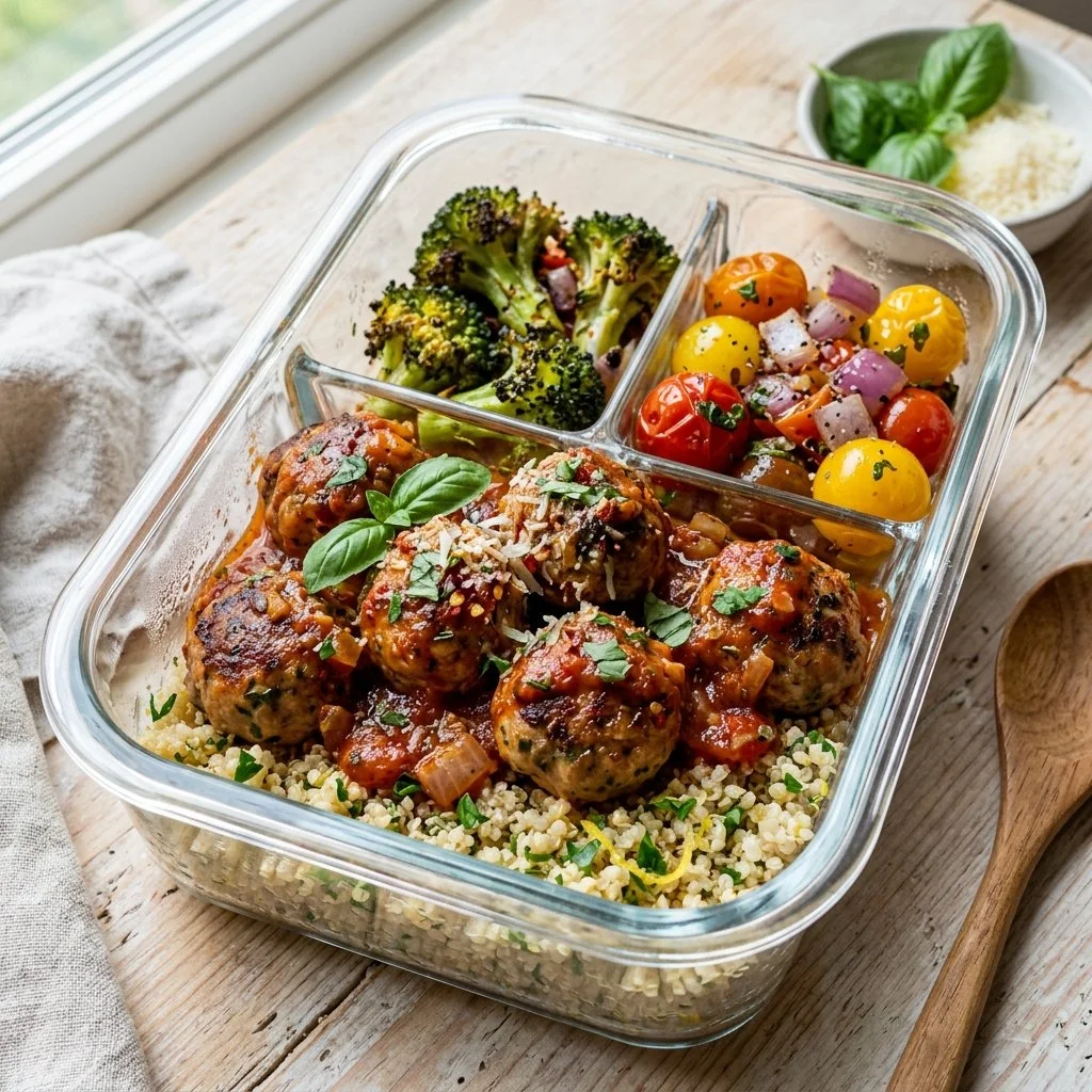 Deliciously cooked turkey meatballs in meal prep containers for a healthy diet.
