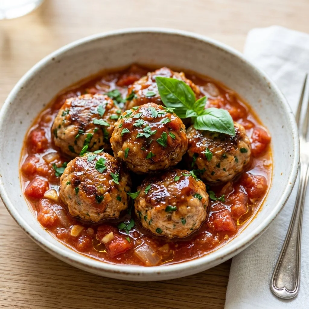 Deliciously cooked turkey meatballs served on a plate with herbs