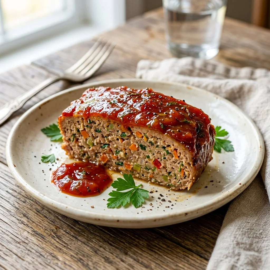 Healthy and delicious turkey meatloaf recipe on a plate with vegetables.