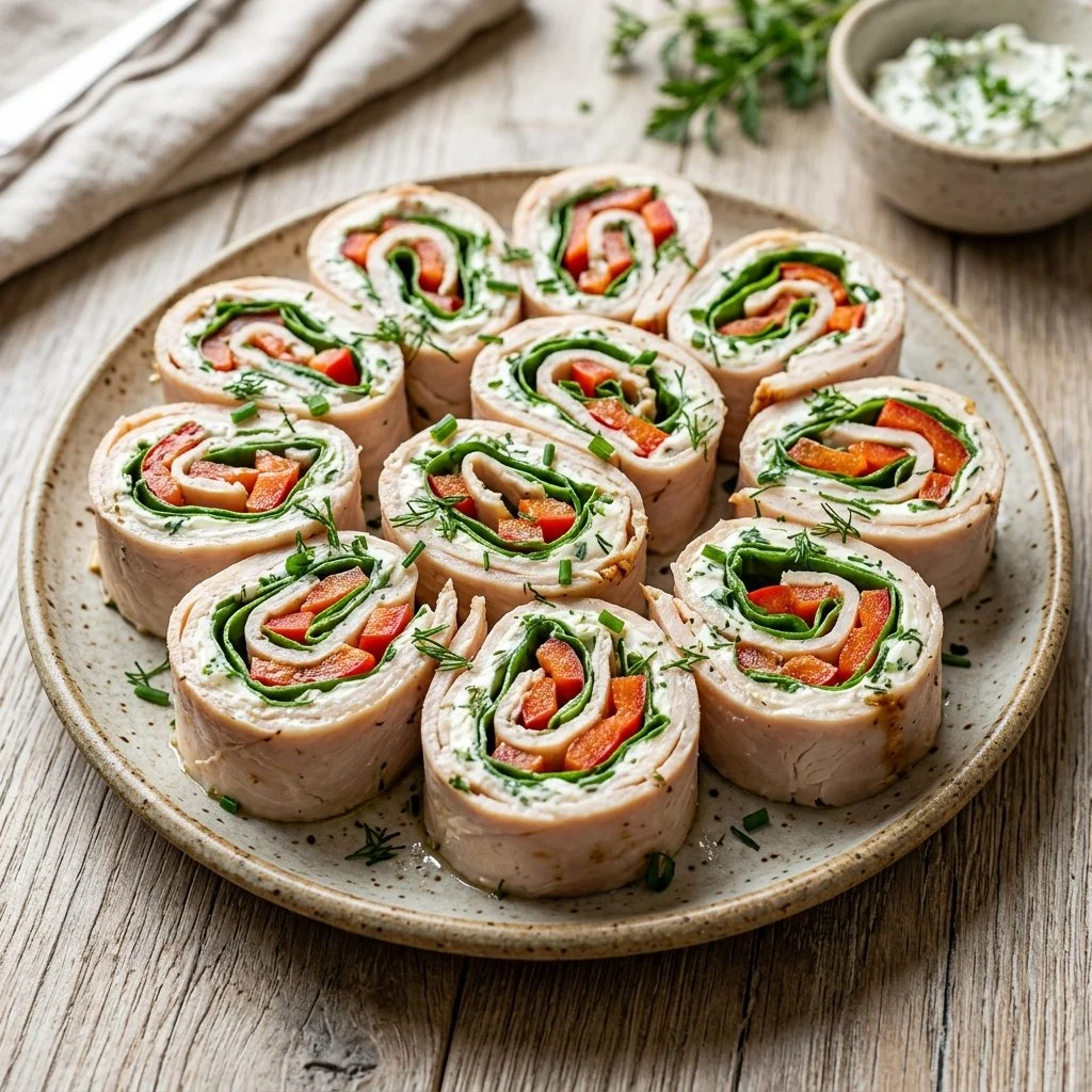 Healthy turkey roll ups served on a plate with colorful vegetables