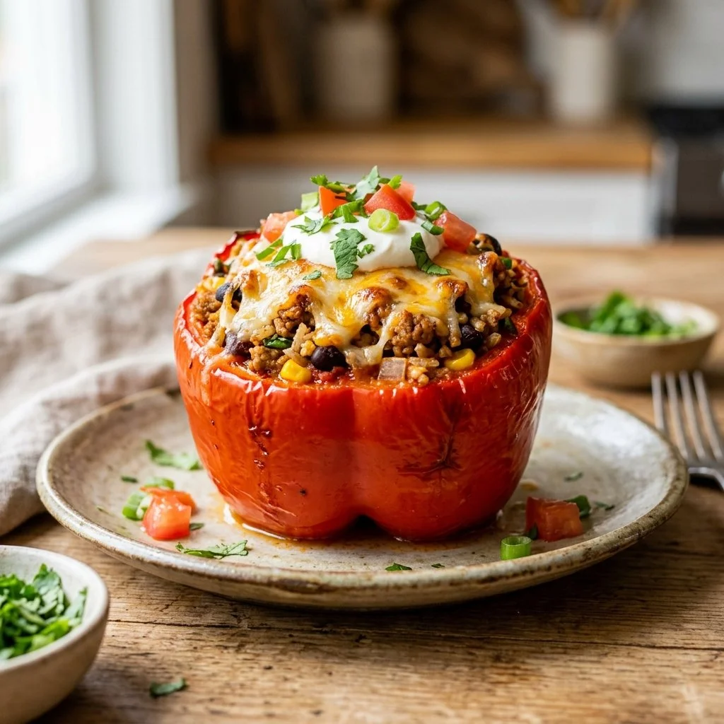 Delicious turkey stuffed peppers ready to be served on a plate.