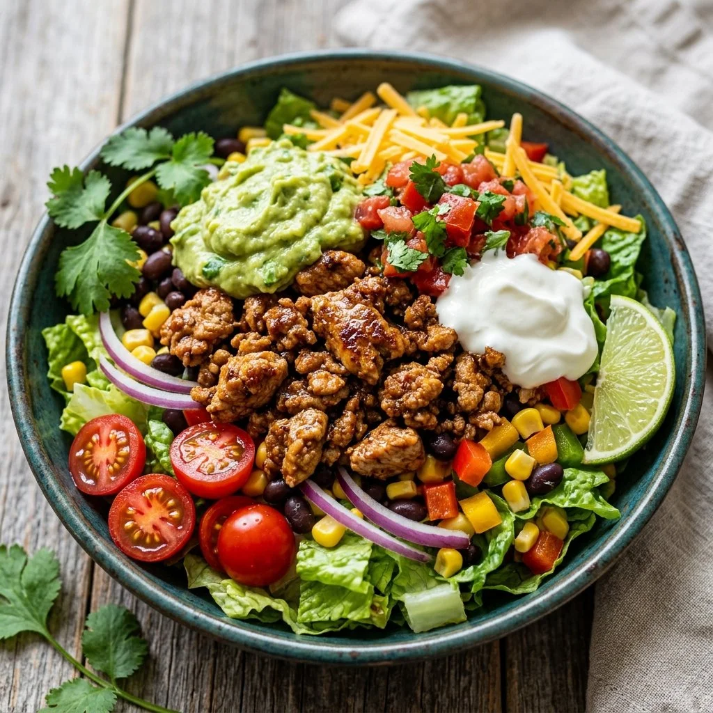 Healthy Turkey Taco Salad topped with fresh vegetables and seasonings.