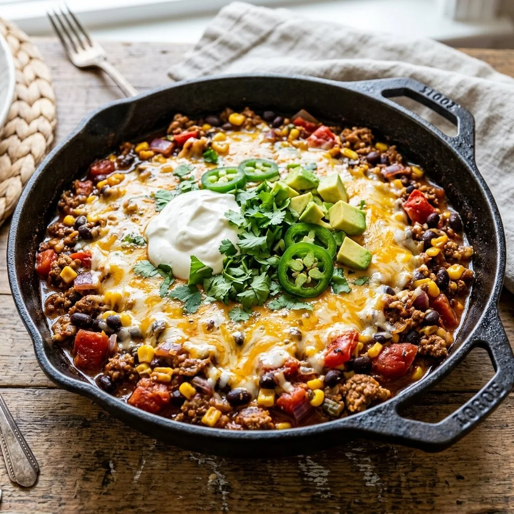 Delicious Turkey Taco Skillet dish made with ground turkey and vibrant toppings.