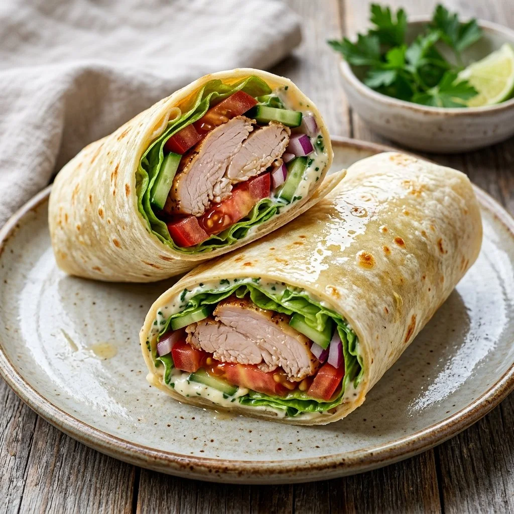 Healthy turkey wraps with fresh vegetables and tasty sauces.