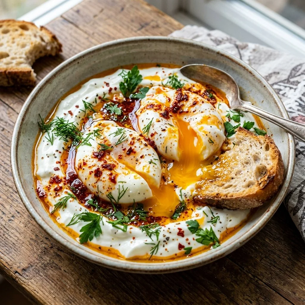 Delicious Turkish Eggs Cilbir with poached eggs and yogurt