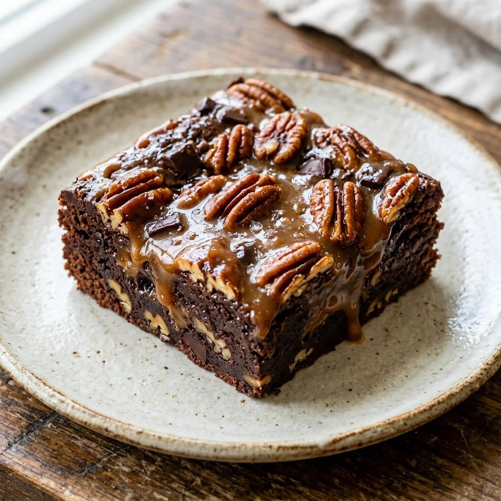 Delicious turtle brownies with caramel, chocolate, and nuts