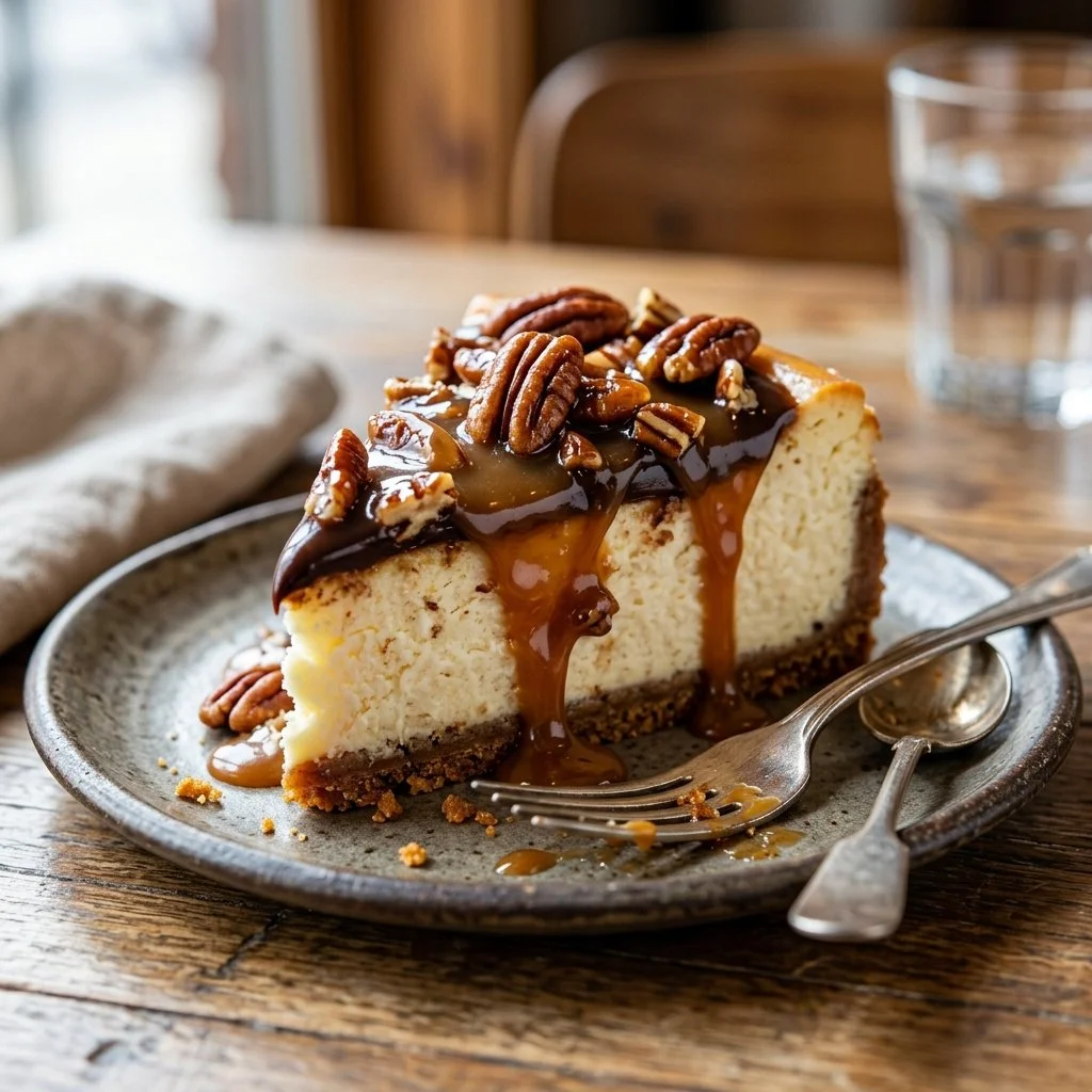 Delicious Turtle Cheesecake topped with caramel, chocolate, and pecans