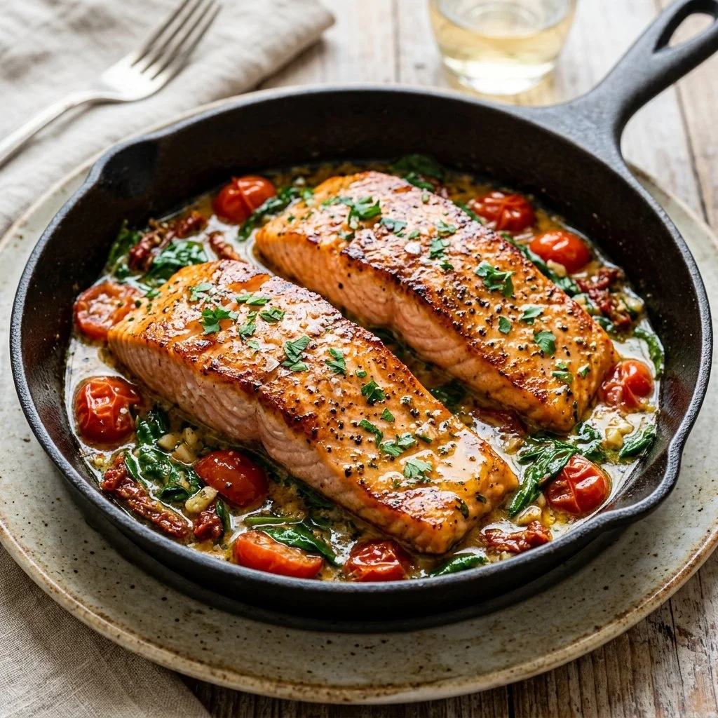 Delicious Tuscan Butter Salmon garnished with herbs and sun-dried tomatoes