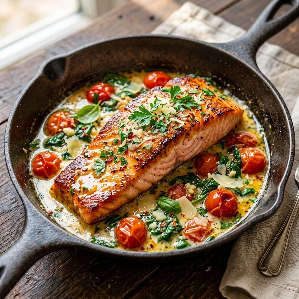 Pan-seared Tuscan Butter Salmon garnished with herbs and served on a plate
