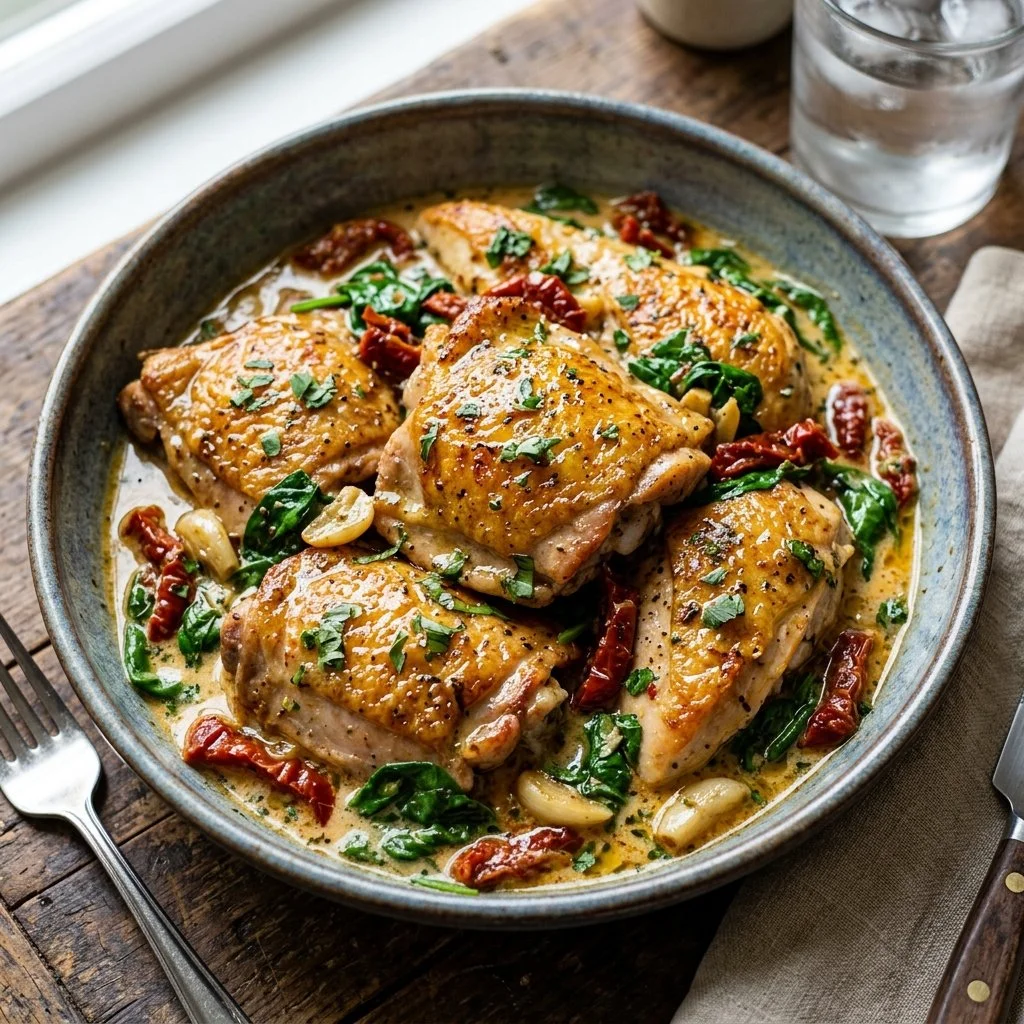 Delicious Tuscan Chicken served with sun-dried tomatoes and creamy sauce