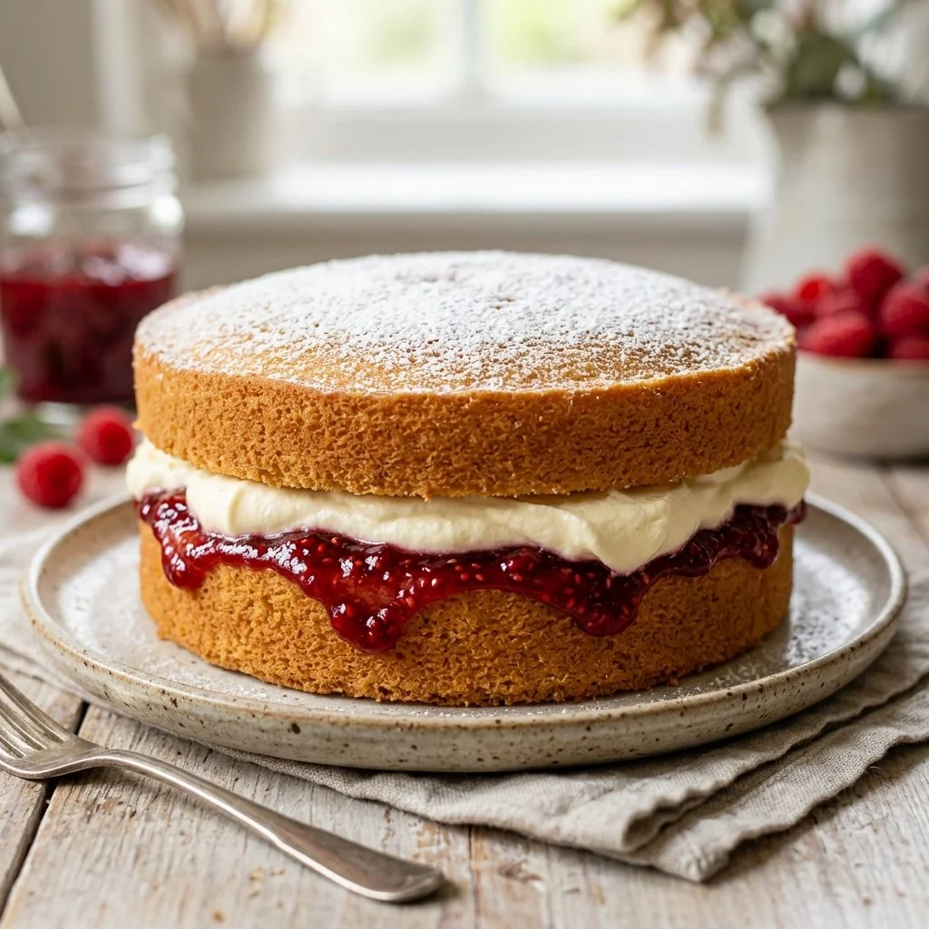 Delicious Victoria Sponge Cake with cream and strawberries