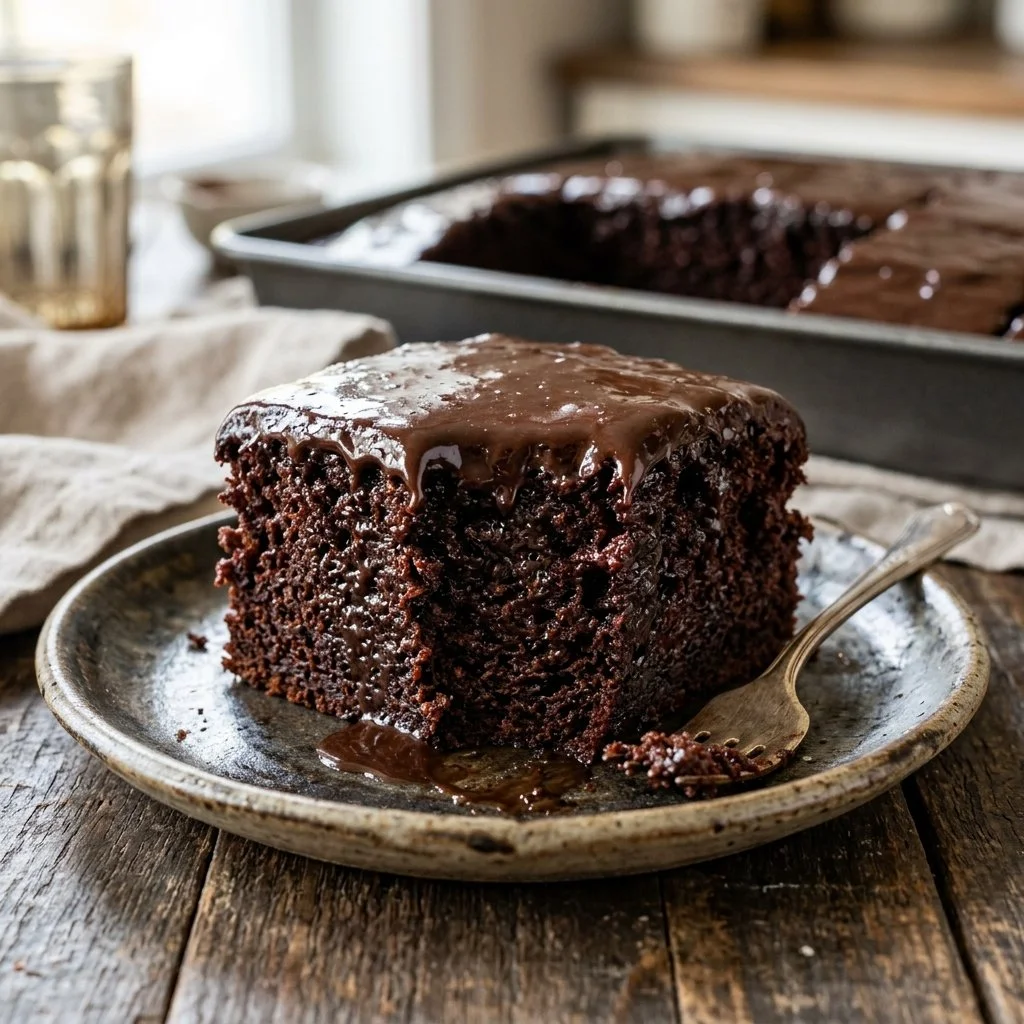 Delicious slice of Wacky Cake topped with chocolate frosting and sprinkles.