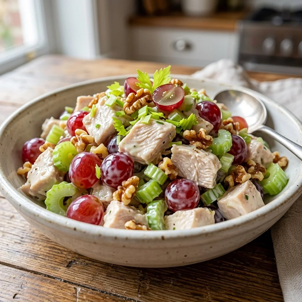 Delicious Waldorf Chicken Salad with apples, walnuts, and chicken.