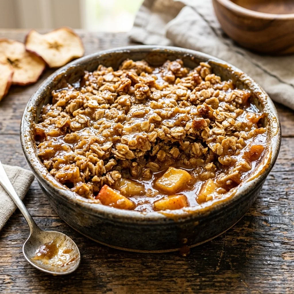 Warm apple crisp with golden oats and cinnamon topping served in a bowl.
