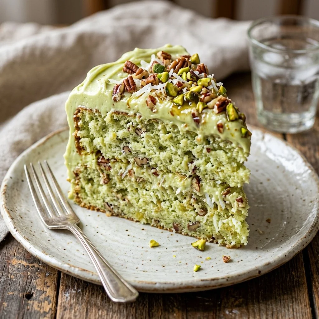 Slice of Watergate Cake on a plate with frosting and walnuts
