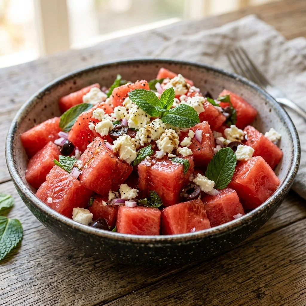Delicious watermelon feta salad with mint and lime dressing