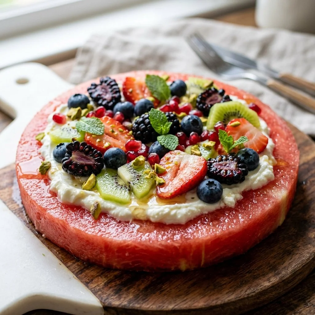 Colorful Watermelon Pizza topped with fruits and mint leaves