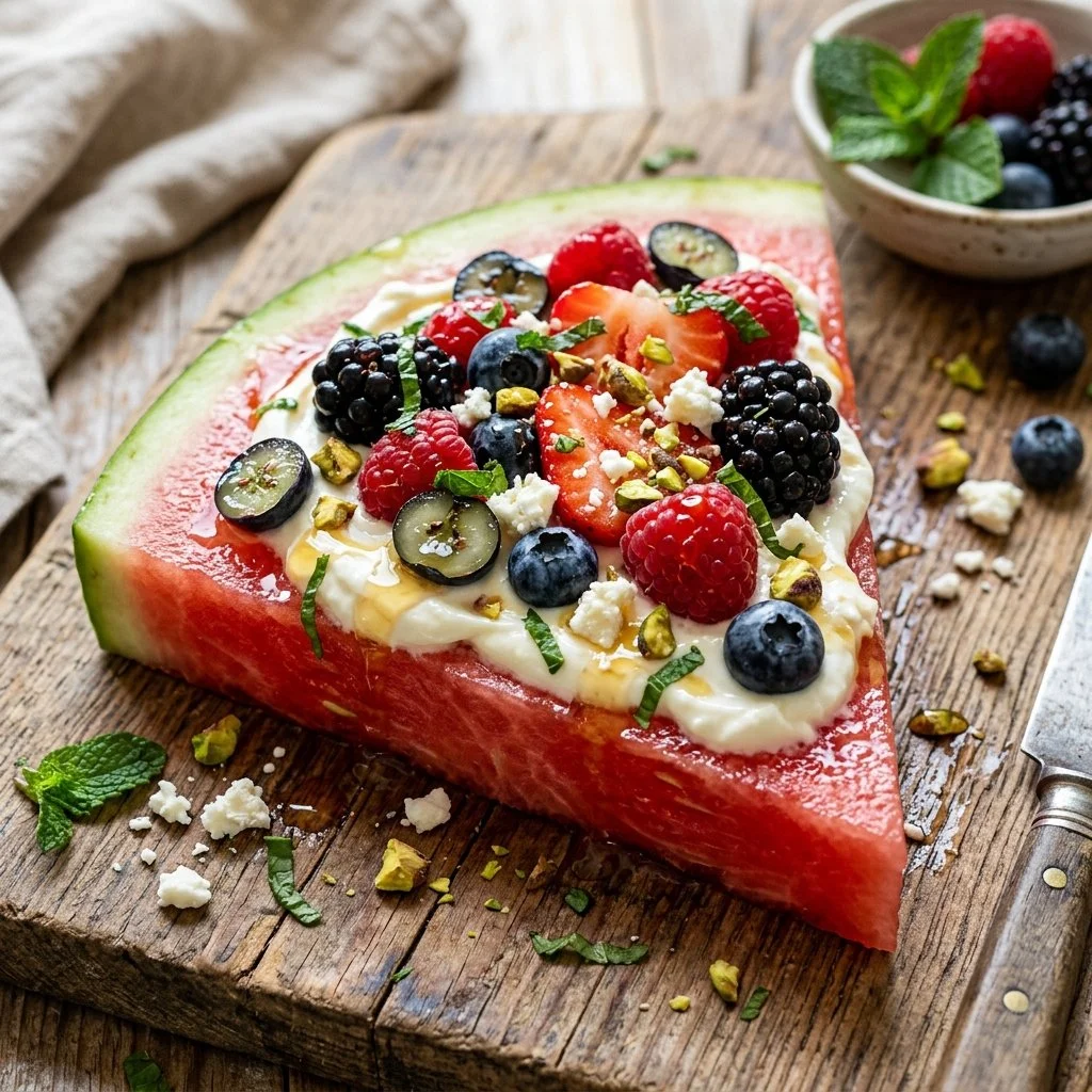 Sliced watermelon pizza topped with fruits and mint on a wooden board