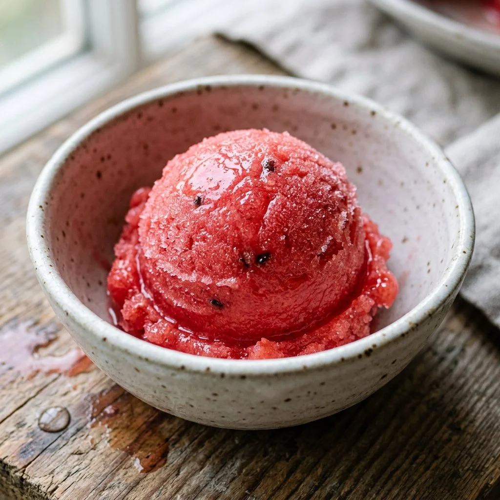 Refreshing bowls of homemade watermelon sorbet garnished with mint leaves