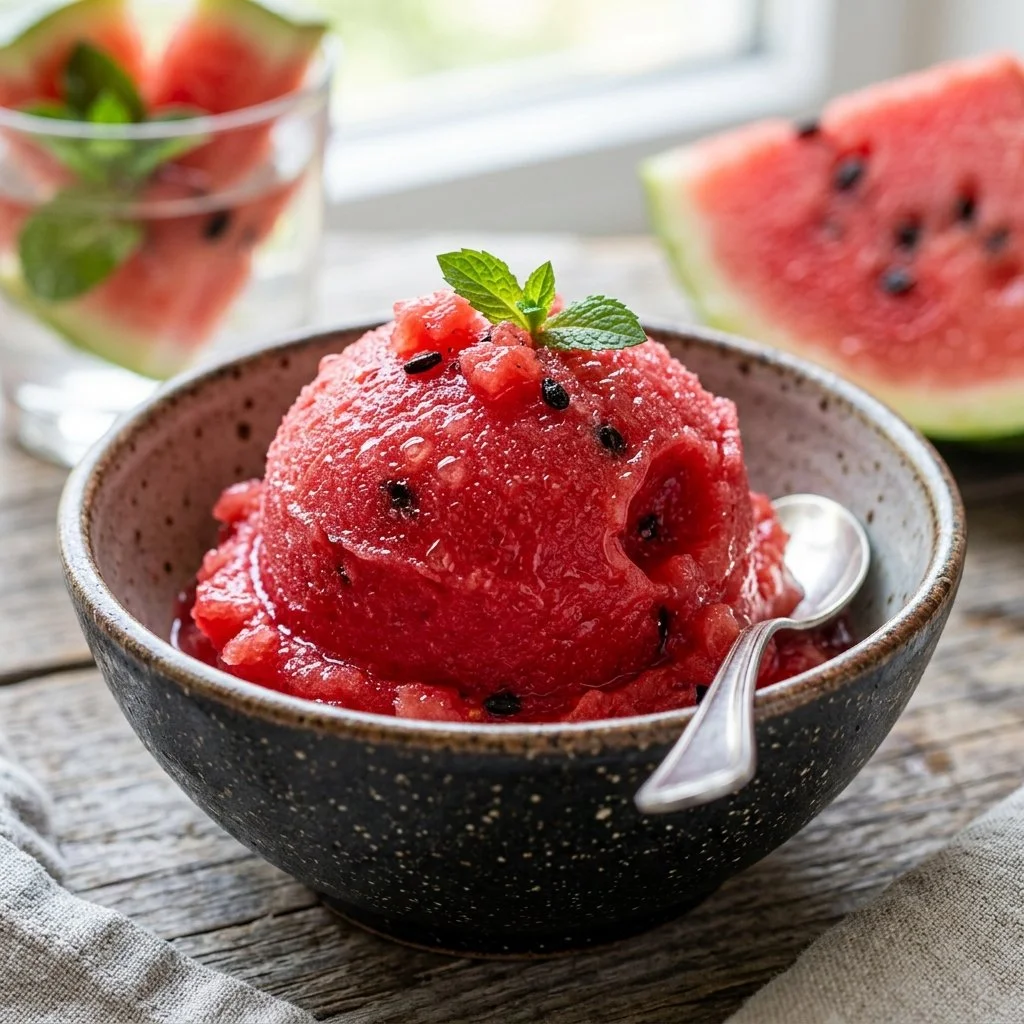 Delicious watermelon sorbet in a bowl, refreshing summer dessert
