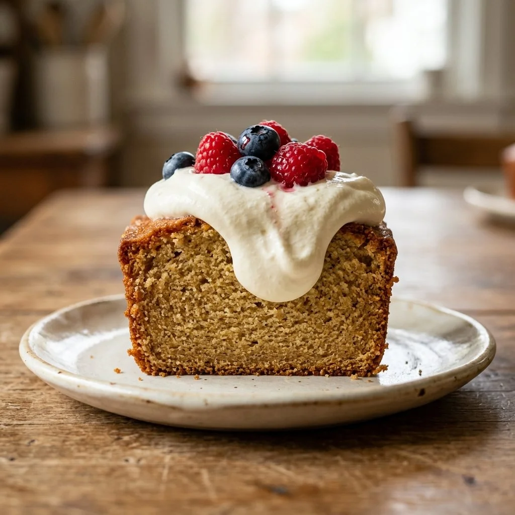 Delicious whipped cream pound cake topped with fresh berries and whipped cream.