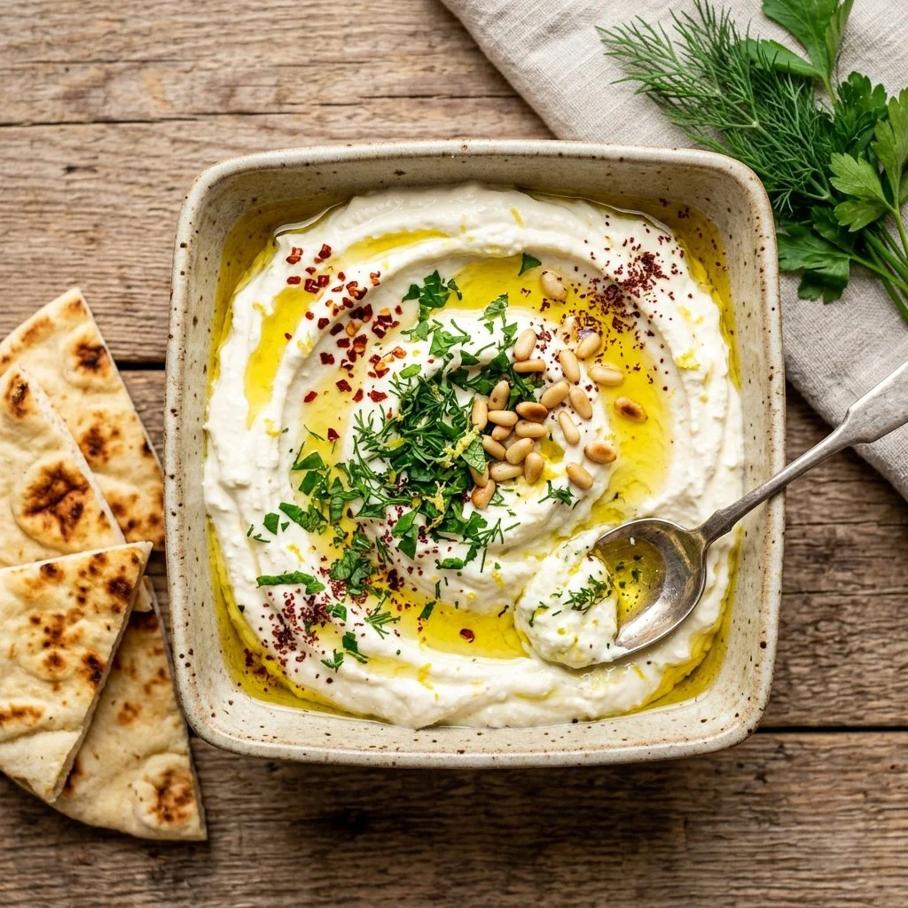 A bowl of whipped feta dip garnished with herbs, served with fresh vegetables.