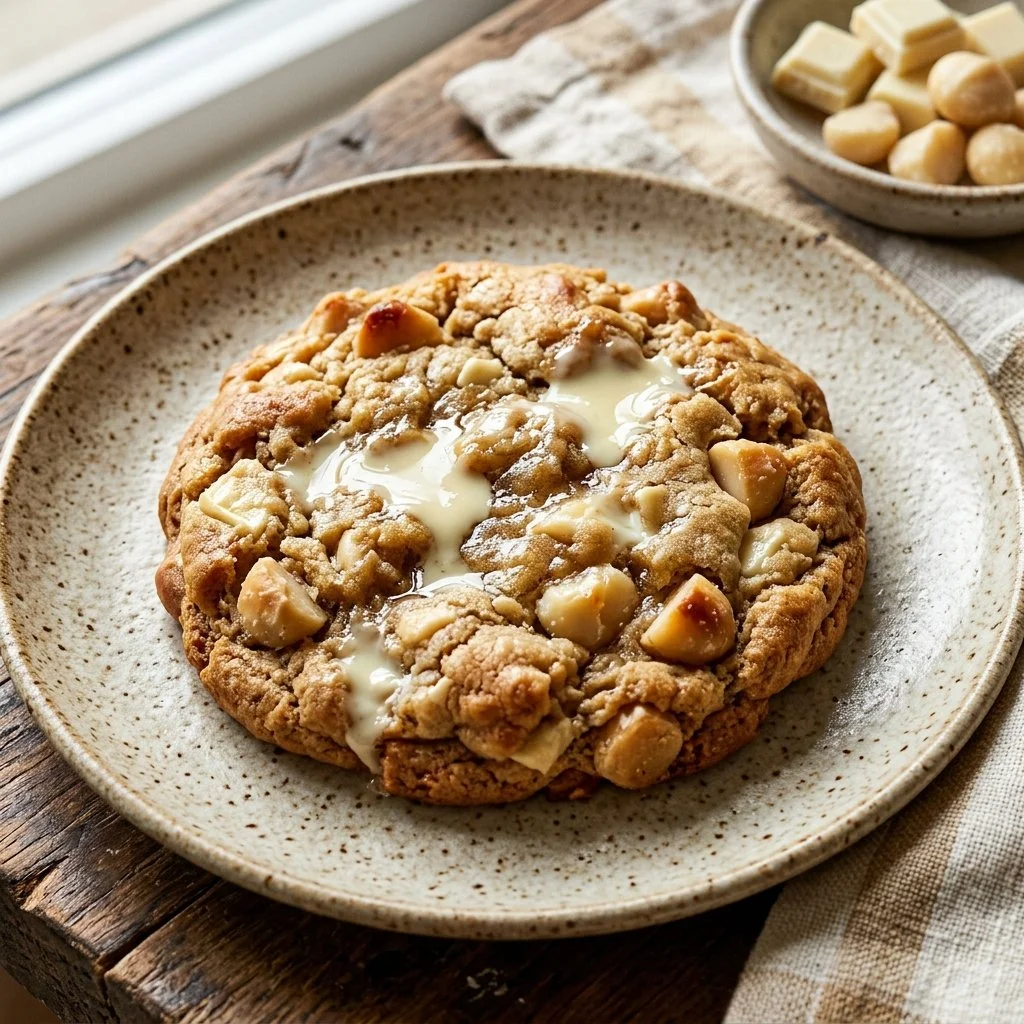Freshly baked white chocolate macadamia cookies on a plate