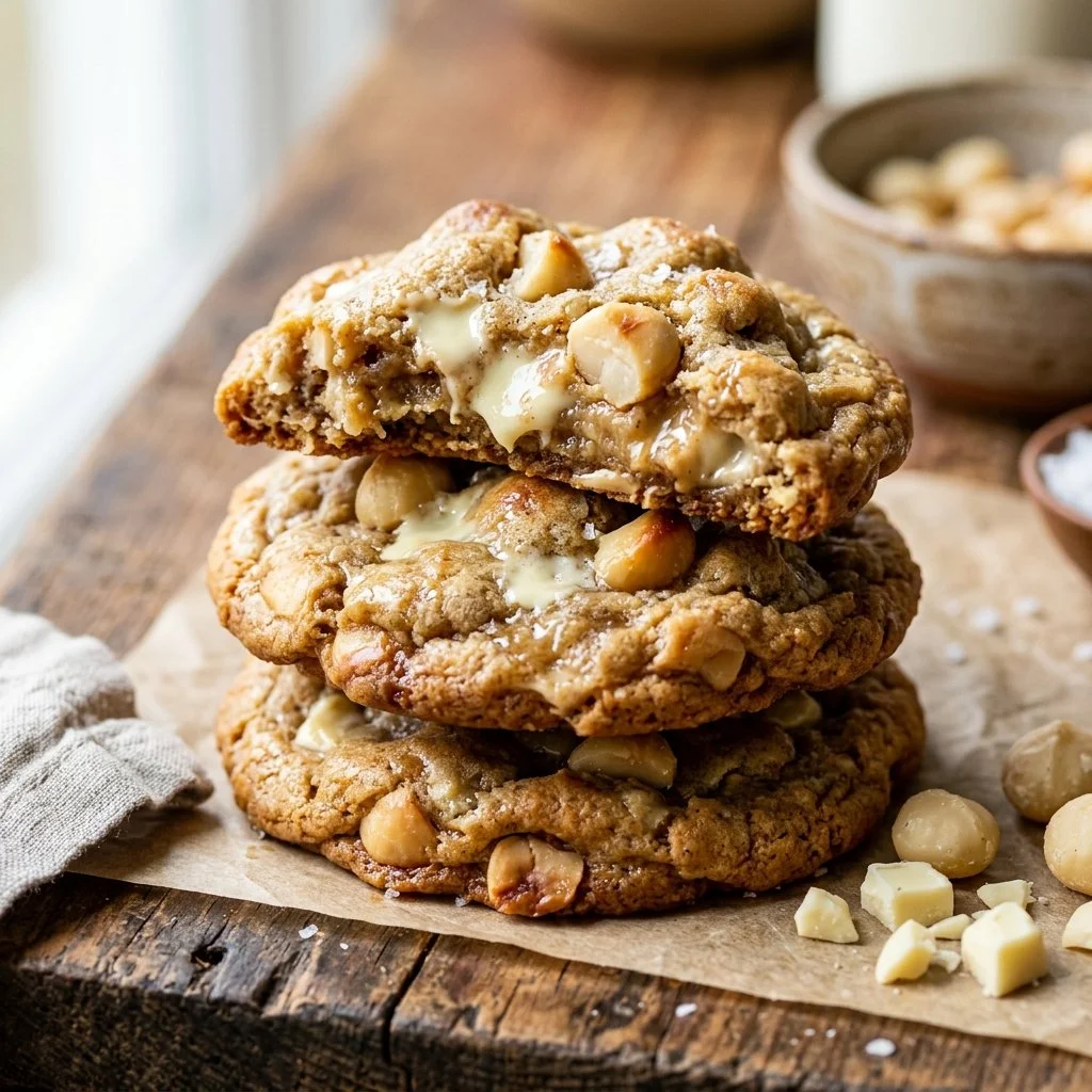 Deliciously baked White Chocolate Macadamia Nut Cookies on a rustic wooden background