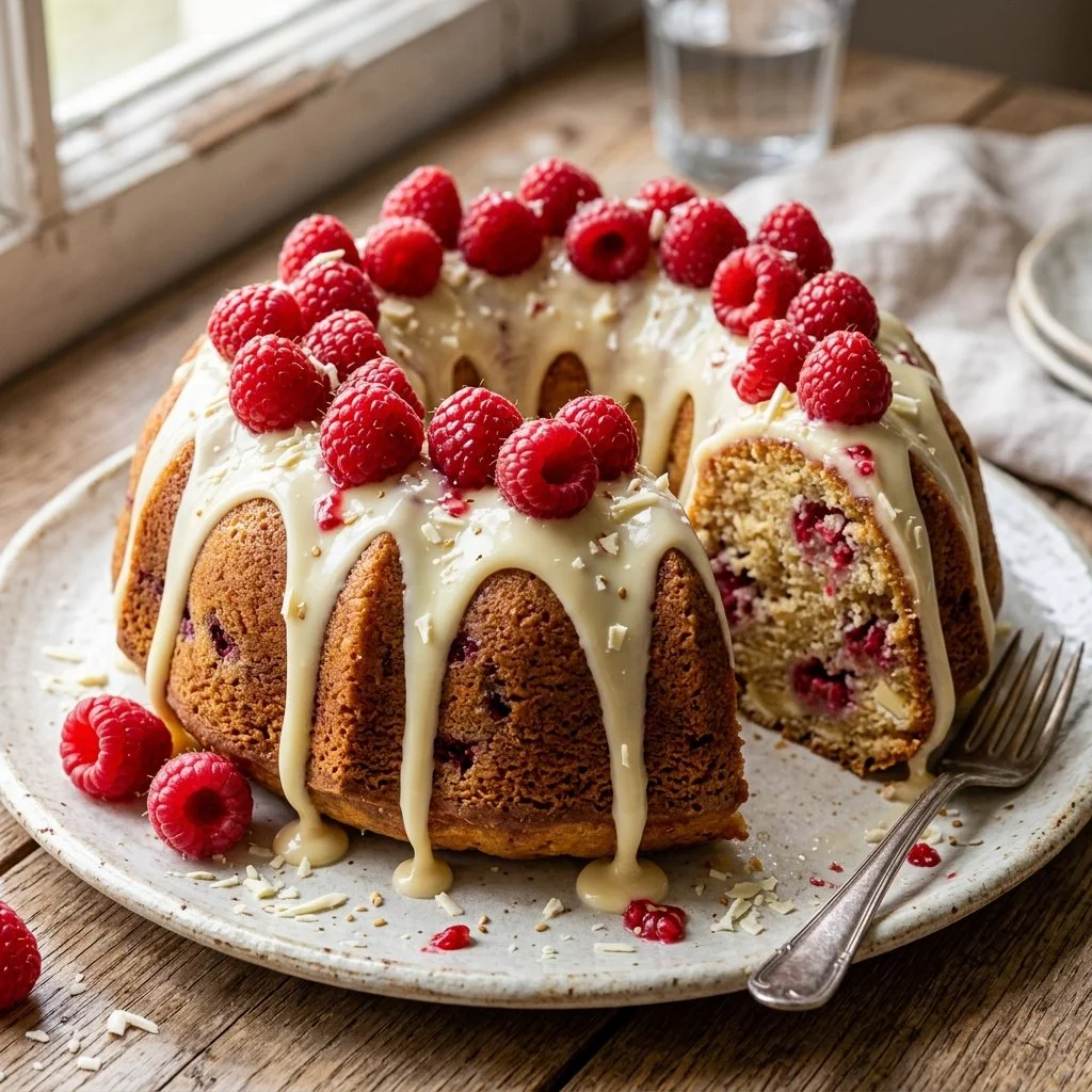 White Chocolate Raspberry Bundt Cake topped with fresh raspberries and white chocolate
