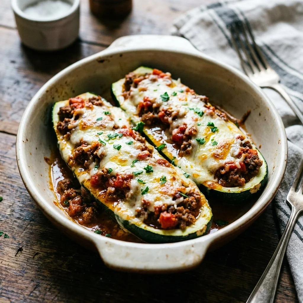 Baked zucchini boat lasagna stuffed with cheese, meat, and fresh herbs.
