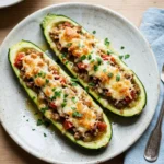 Stuffed zucchini boats filled with vegetables and cheese, a healthy recipe.