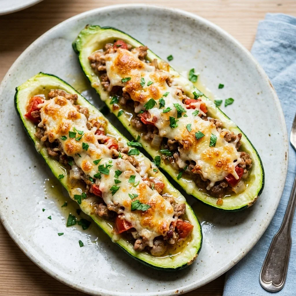 Stuffed zucchini boats filled with vegetables and cheese, a healthy recipe.