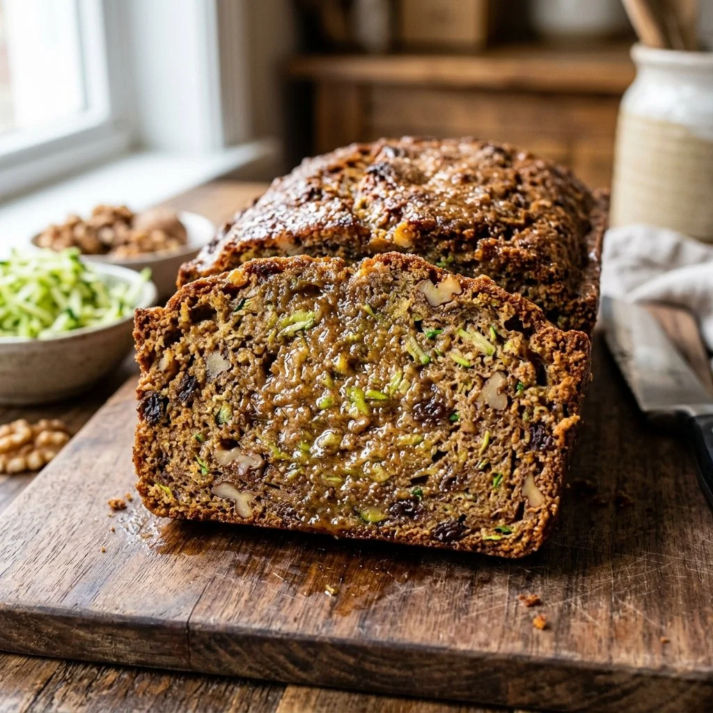 Loaf of freshly baked zucchini bread on a wooden table
