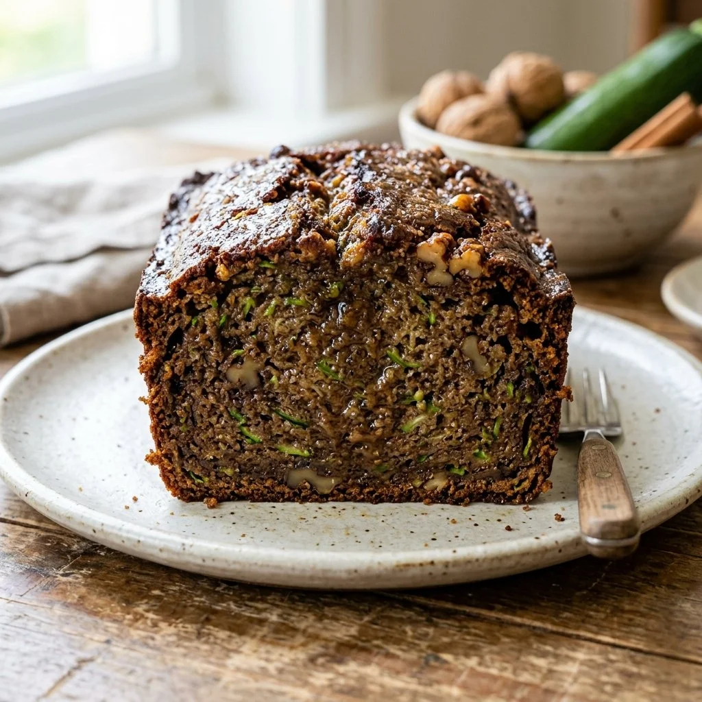 Delicious homemade zucchini bread with slices on a wooden table