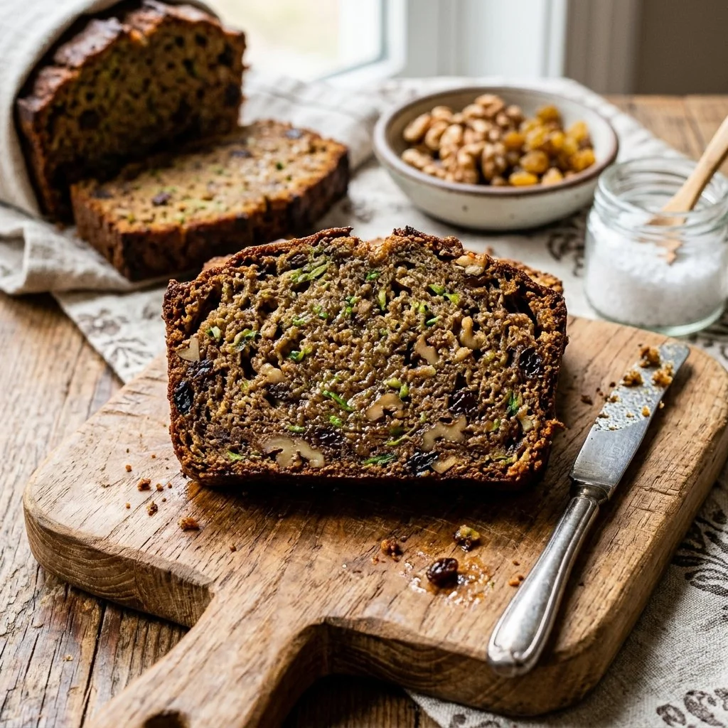 Homemade zucchini bread with fresh zucchini and spices