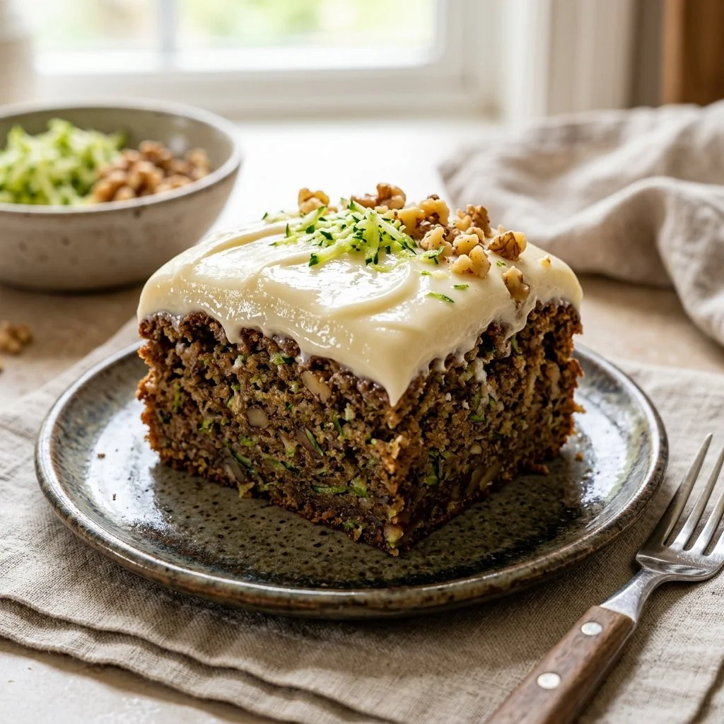 Homemade zucchini cake topped with cream cheese frosting