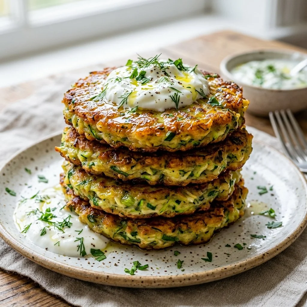 Golden-brown zucchini fritters served on a plate with dipping sauce
