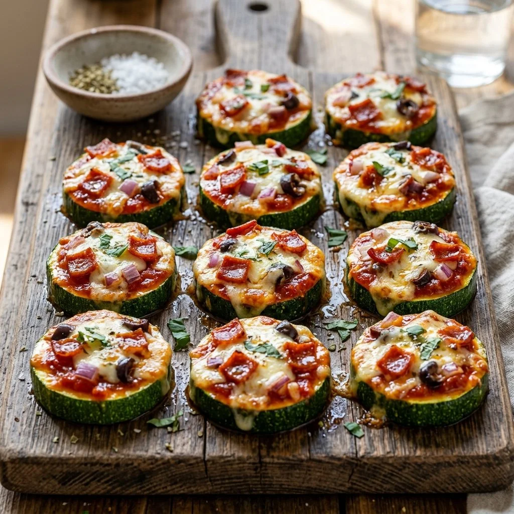 Zucchini Pizza Bites topped with cheese and herbs on a baking tray